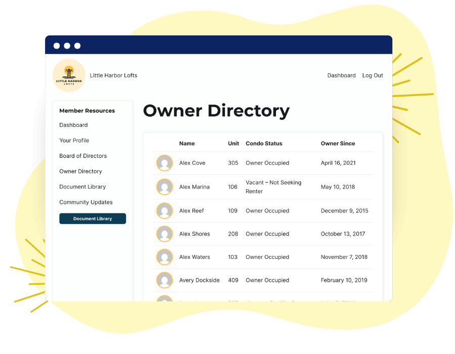 Example condo site frontend owner directory page